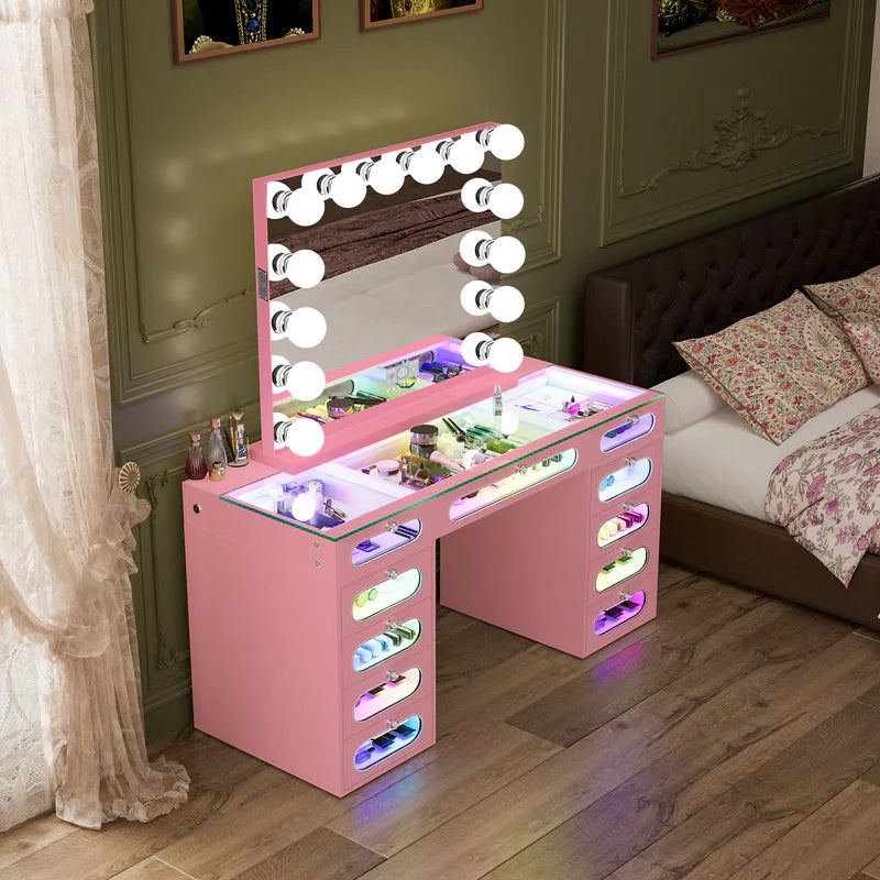 VANITII Priscilla Vanity Desk-11 Glass Fronted Drawers Vanity Set
