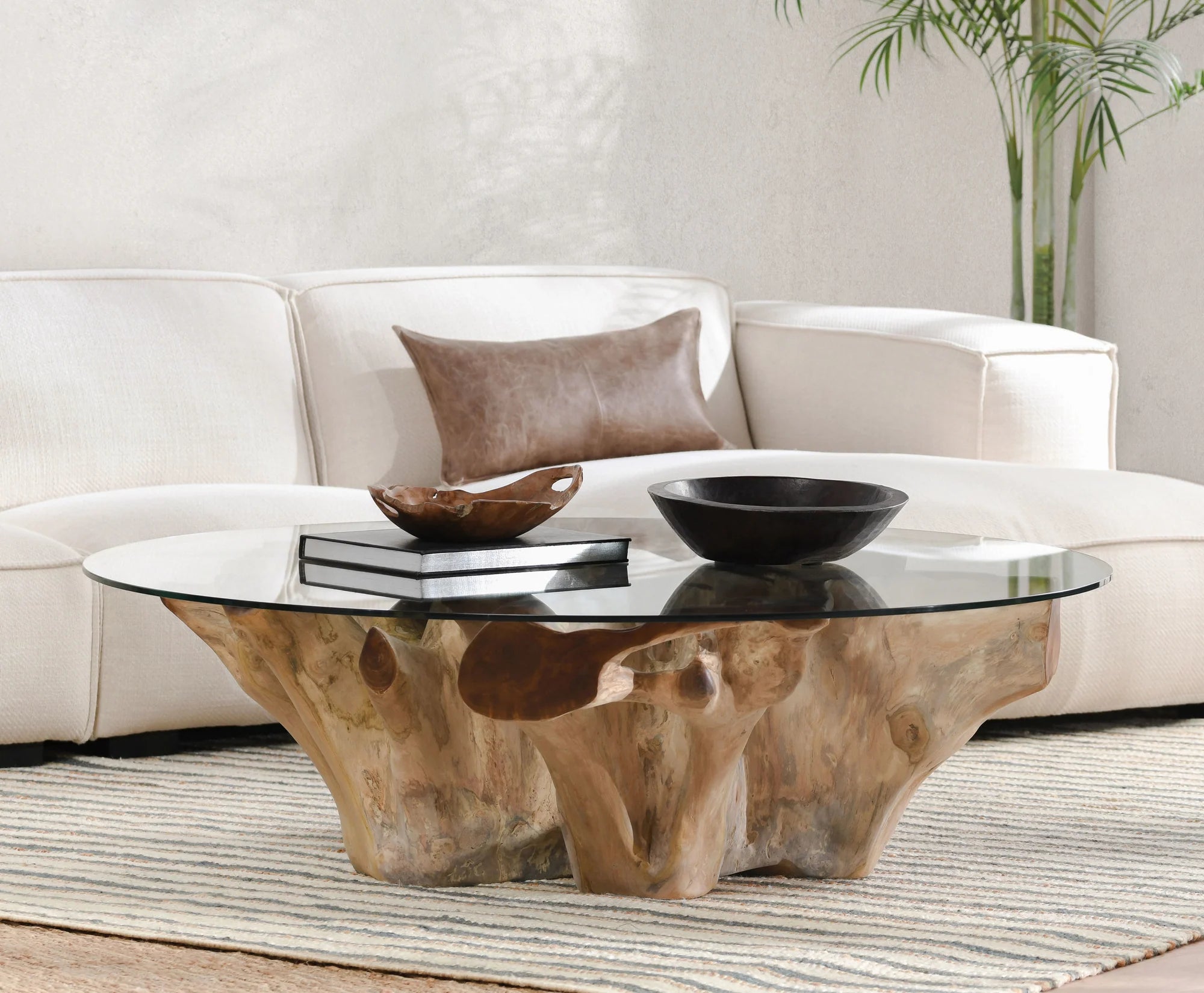 Willow Teak Root/Glass Round Coffee Table - Natural