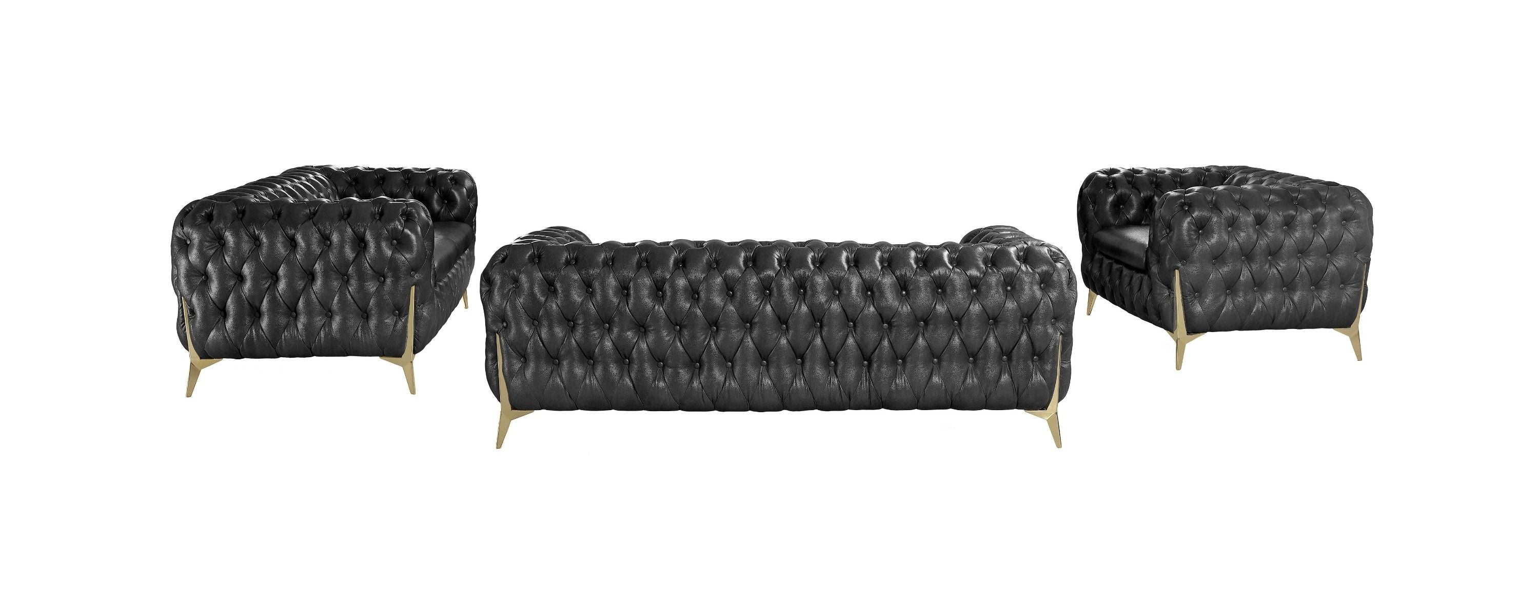 Divani Casa Bunzel - Modern Black Tufted Leather Sofa Set