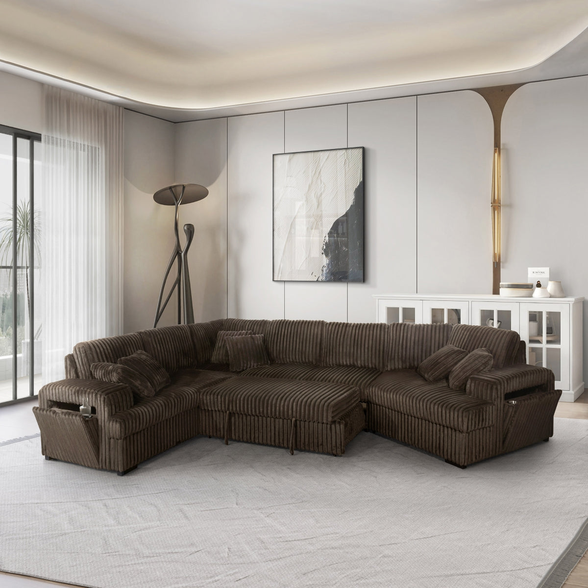 RHF Fabric Half U-Shaped Pull Out Sectional Sofa w/ Storage Armrest w/ USB