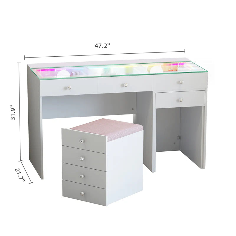 Diana 8 Drawers Vanity Desk Includes a Soft Hidden Stool With Storage Space