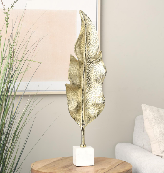 Gold Aluminum Metal Leaf Tall Textured Decorative Sculpture with White Marble Base