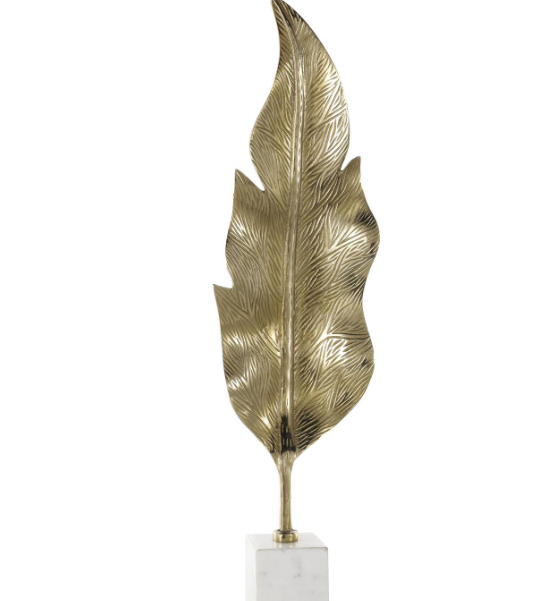 Gold Aluminum Metal Leaf Tall Textured Decorative Sculpture with White Marble Base