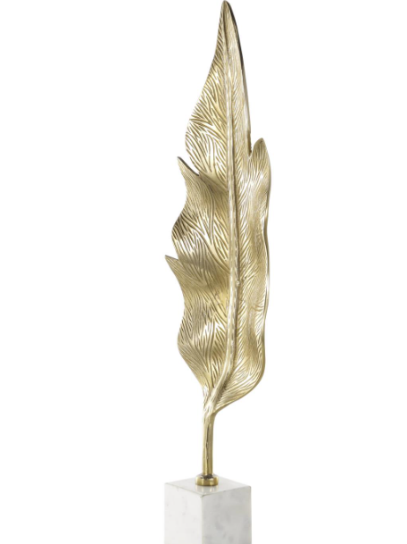 Gold Aluminum Metal Leaf Tall Textured Decorative Sculpture with White Marble Base