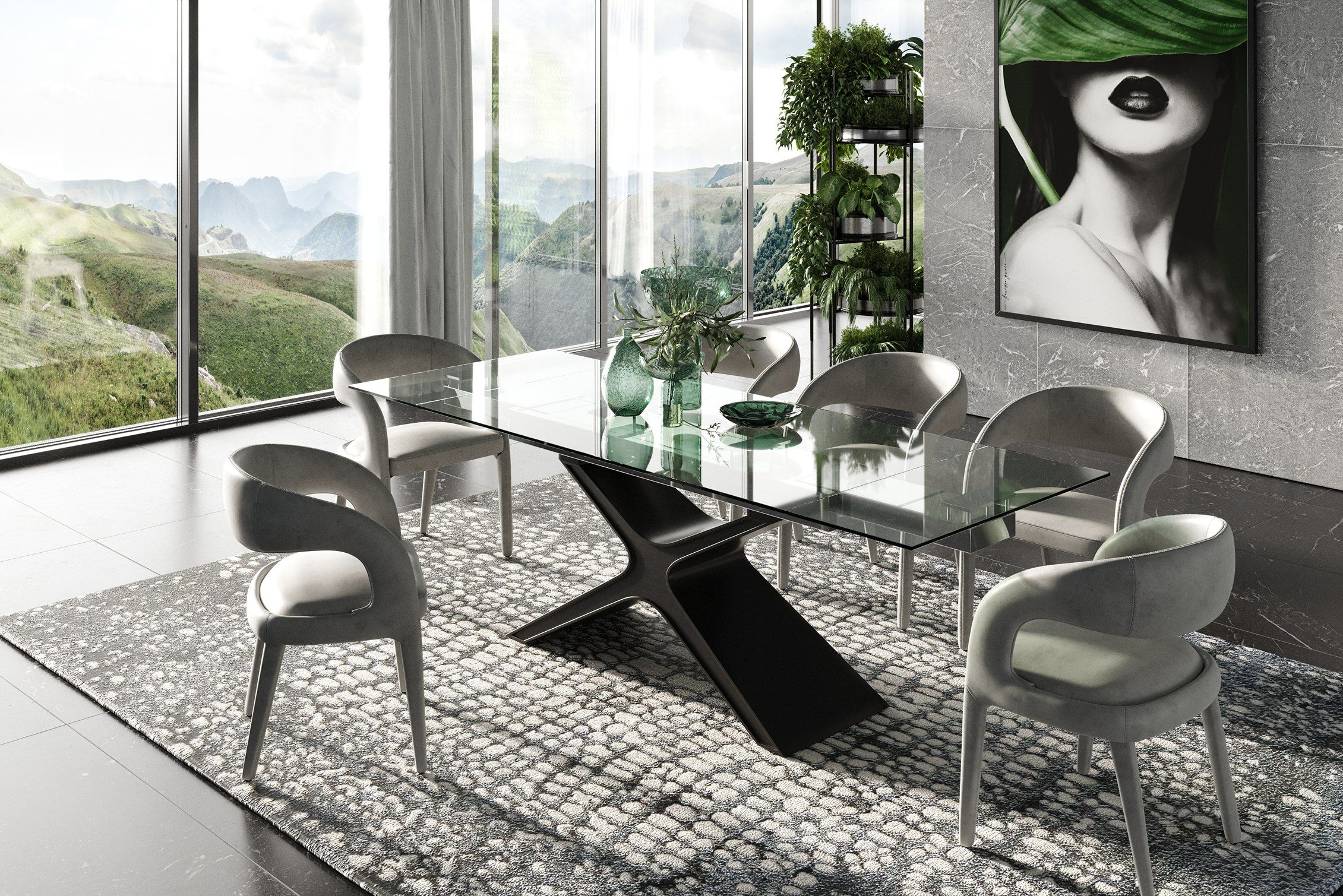 Modrest Adler - Modern Black Glass Extendable 63"/94.5" Dining Table 7 pc dining set