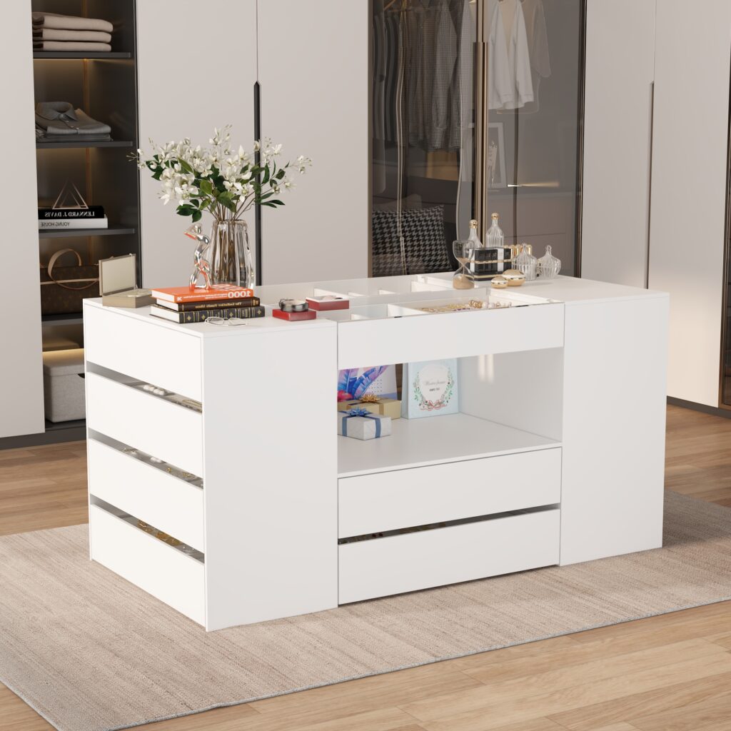 Modern White 14-Drawer Chest with Tempered Glass Top