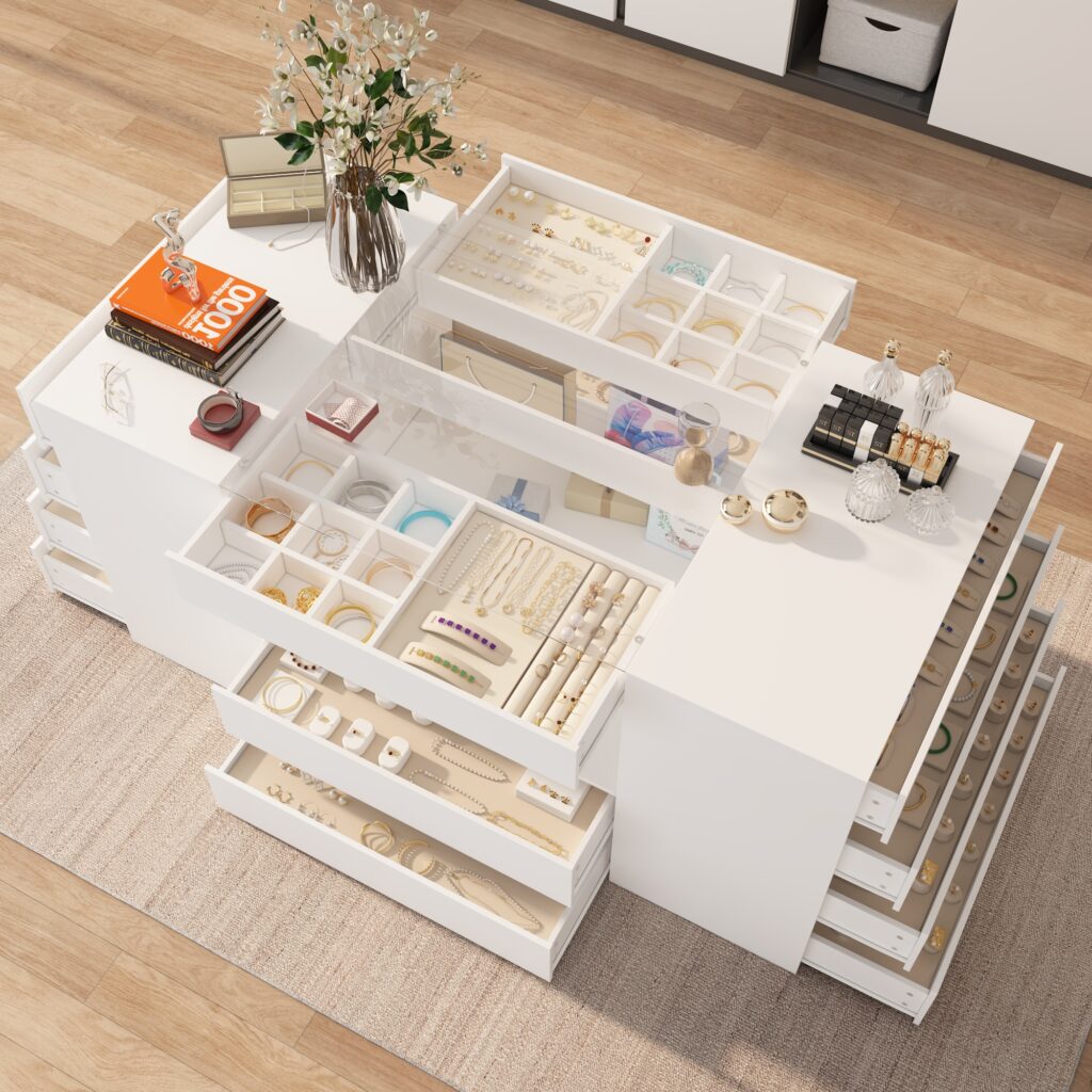 Modern White 14-Drawer Chest with Tempered Glass Top