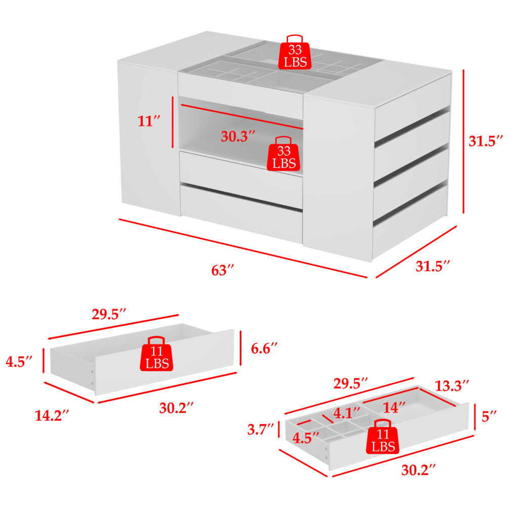Modern White 14-Drawer Chest with Tempered Glass Top