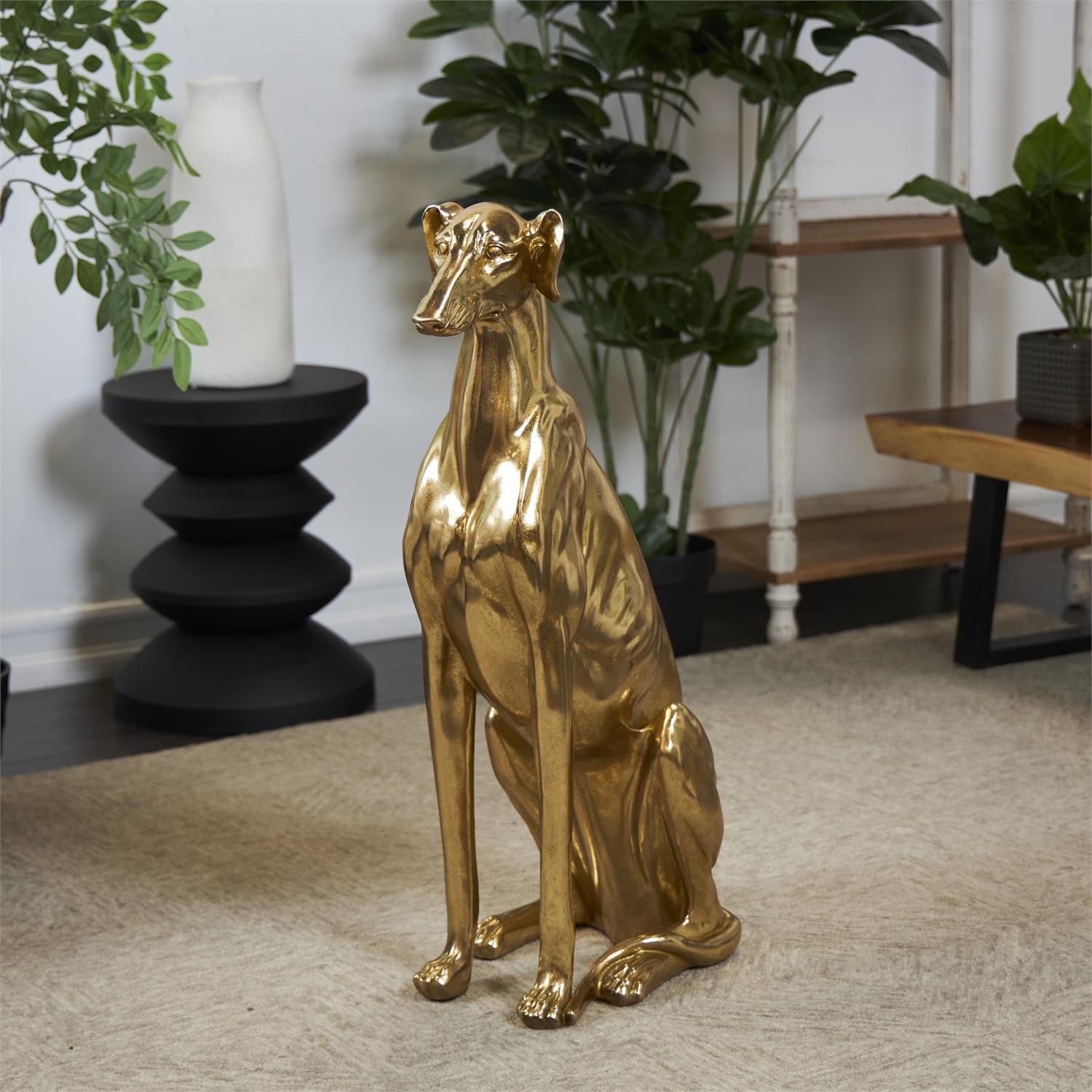 Gold Resin Dog Sitting Greyhound Decorative Sculpture, 13" x 10" x 32"