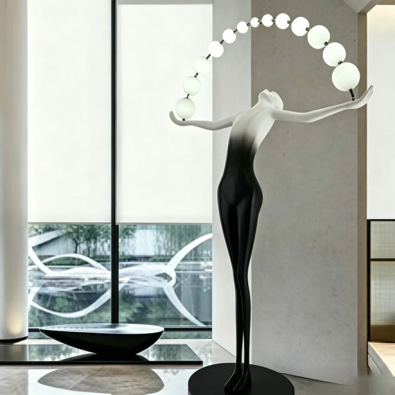 Nordic Style Hand Stretch Ball String Art Sculpture Floor Lamp, LED Three-color Dimmable Decorative Lamp for Hotel & Villa