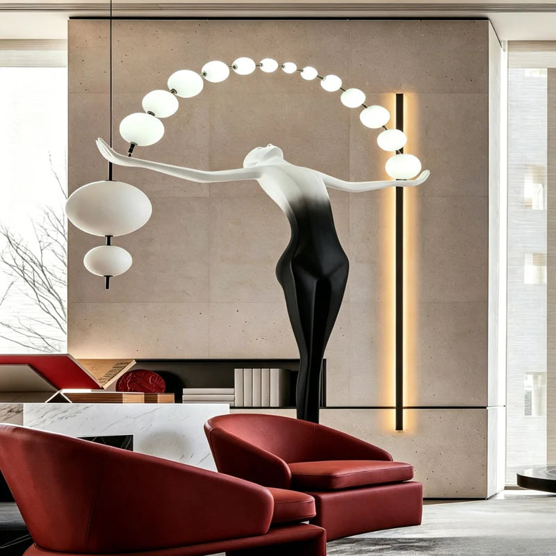 Nordic Style Hand Stretch Ball String Art Sculpture Floor Lamp, LED Three-color Dimmable Decorative Lamp for Hotel & Villa