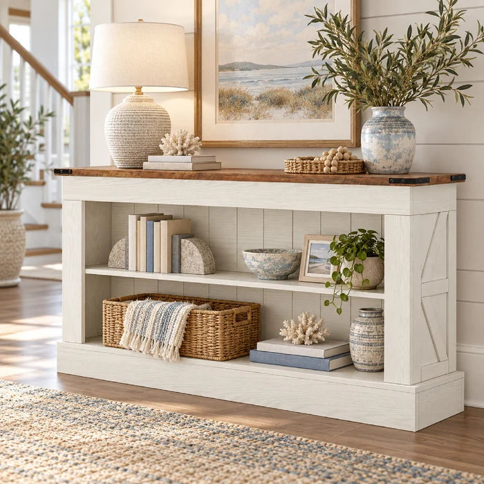 Modern Long Console Table with Open Storage Shelves