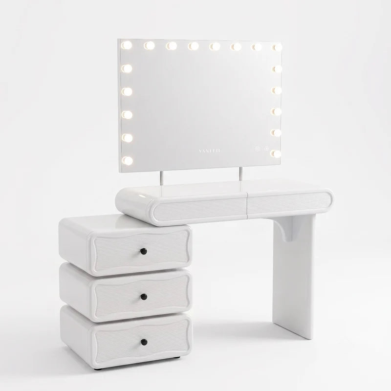Jenny Vanity Desk Set With Movable Drawers & 18 LED Bulbs Mirror