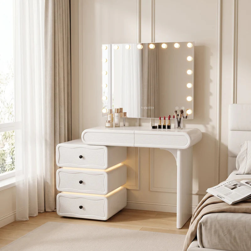 Jenny Vanity Desk Set With Movable Drawers & 18 LED Bulbs Mirror