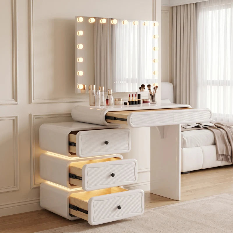 Jenny Vanity Desk Set With Movable Drawers & 18 LED Bulbs Mirror