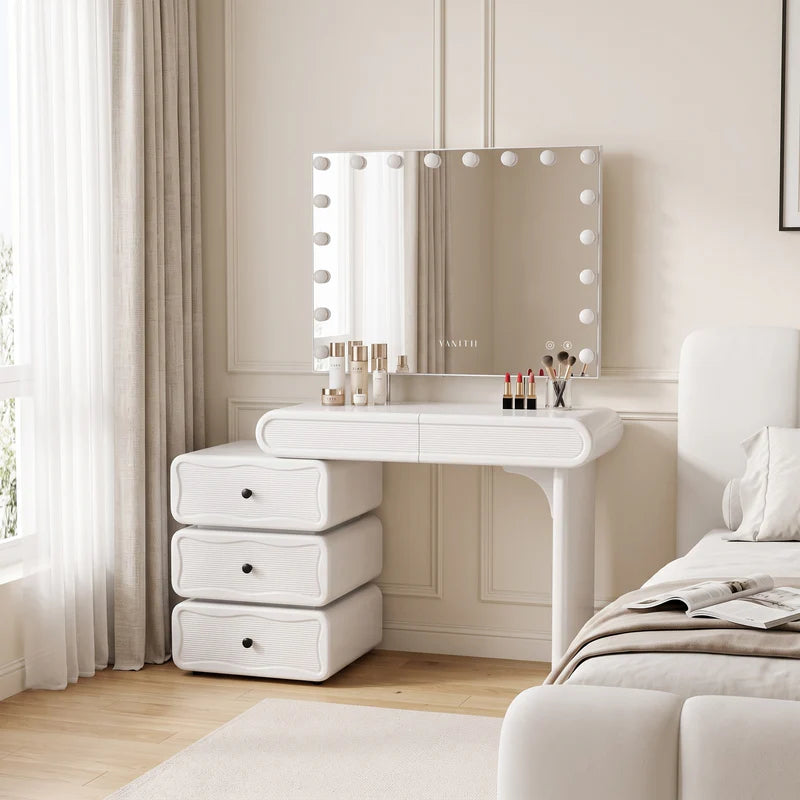 Jenny Vanity Desk Set With Movable Drawers & 18 LED Bulbs Mirror