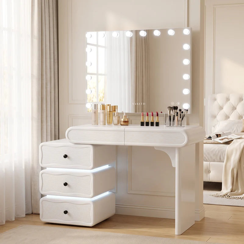 Jenny Vanity Desk Set With Movable Drawers & 18 LED Bulbs Mirror