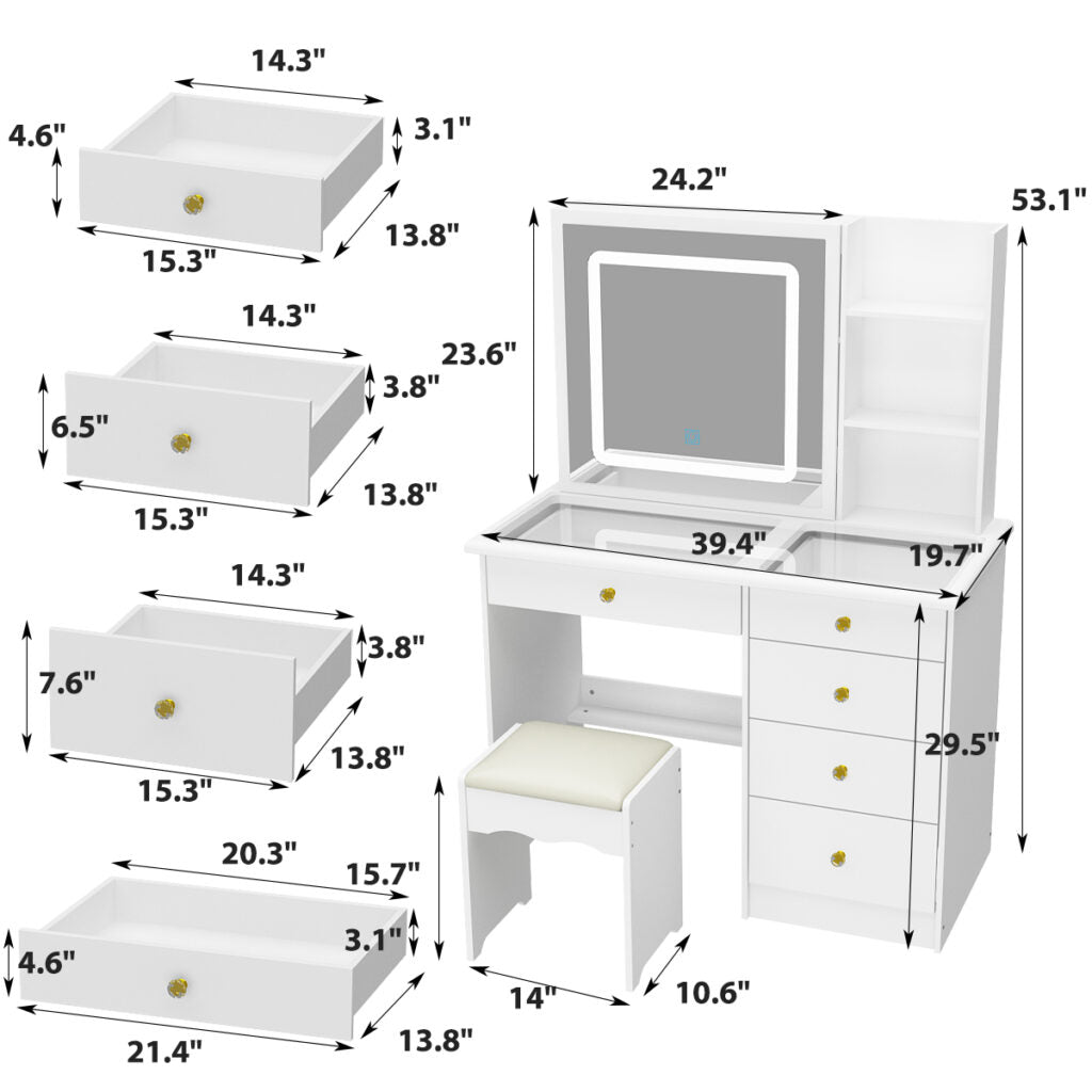 Dressing Table, Sliding Mirror Glass Top with Light