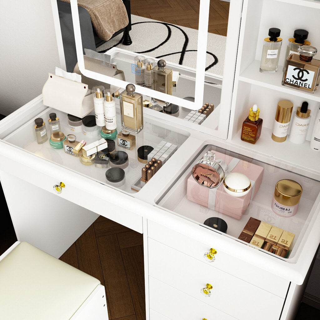Dressing Table, Sliding Mirror Glass Top with Light
