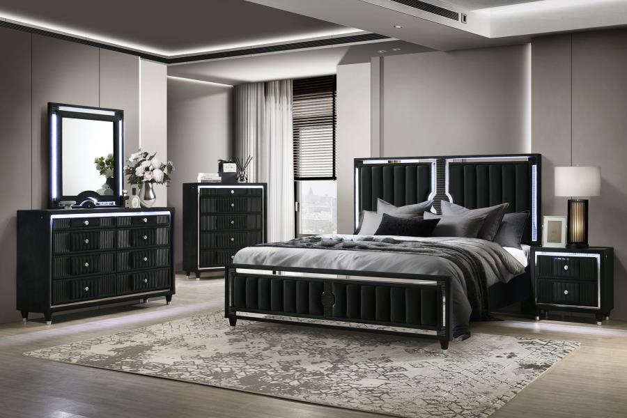 Ravenne 4-piece Velvet Upholstered Eastern King LED Bedroom Set Black