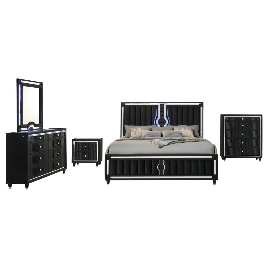 Ravenne 4-piece Velvet Upholstered Eastern King LED Bedroom Set Black