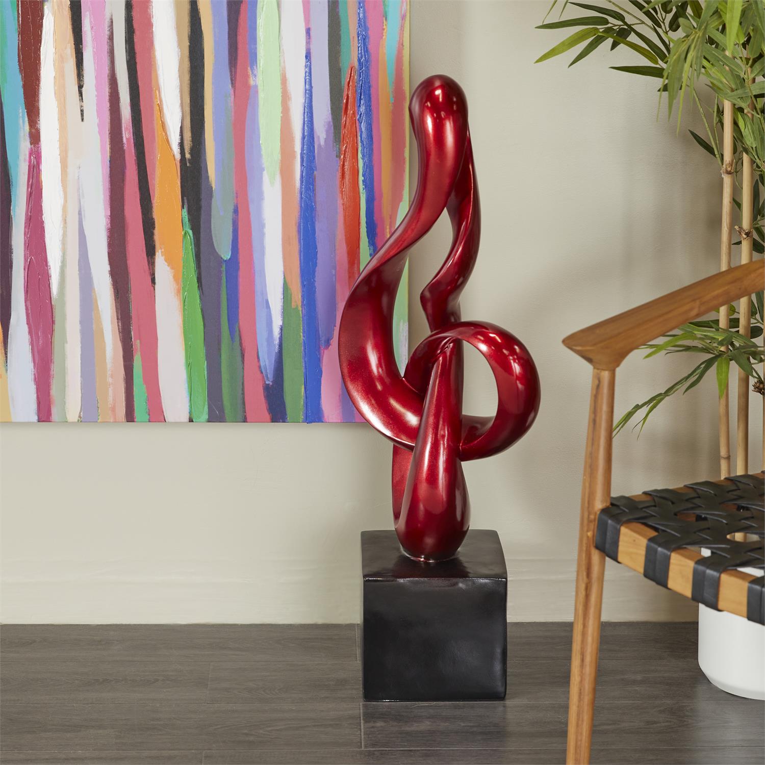 Red Polystone Abstract Swirl Sculpture with Black Base