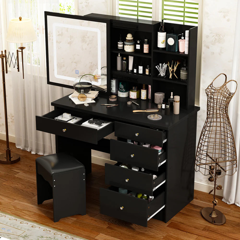 Modern Wide Makeup Vanity Set with Stool and Mirror