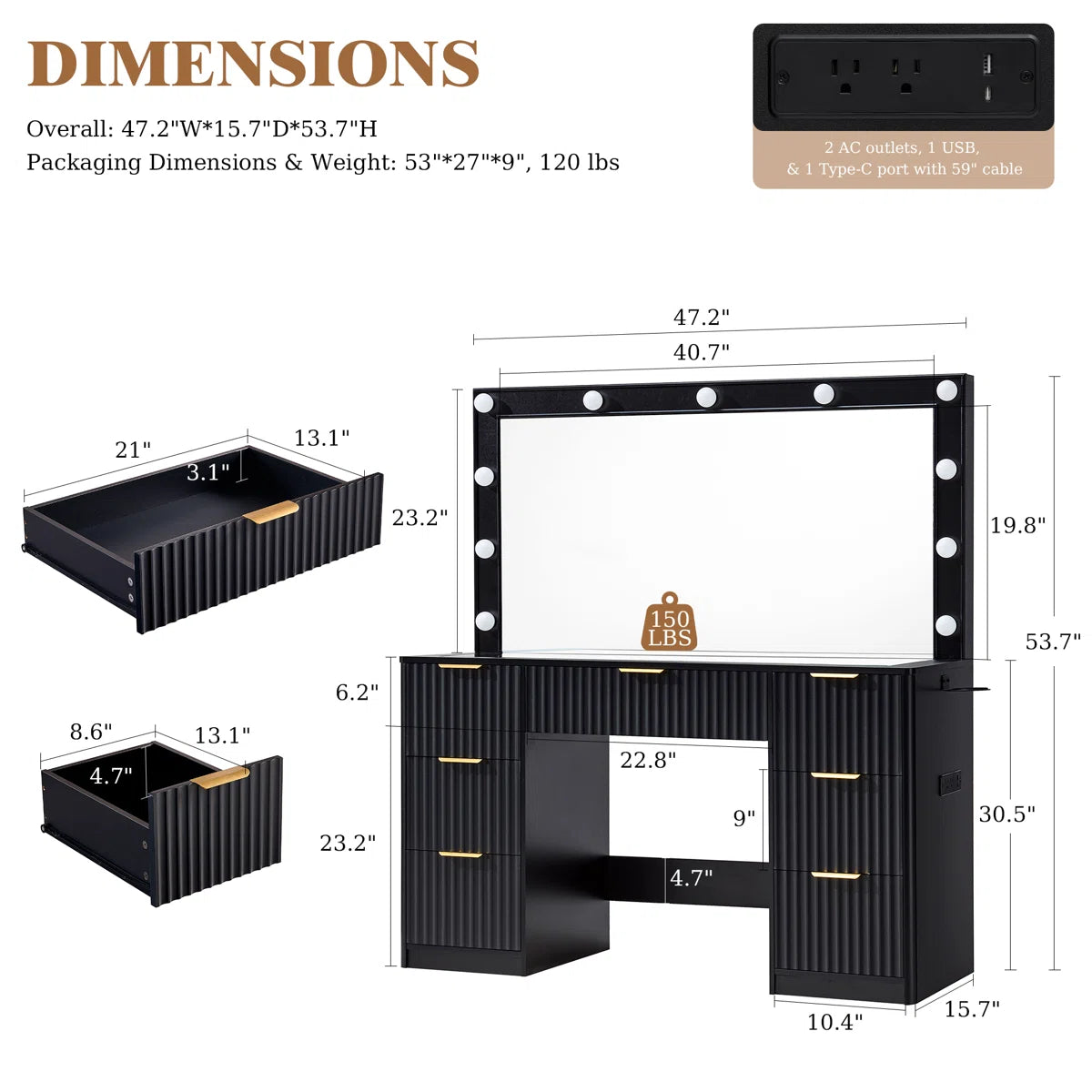47" Large Black Fluted Vanity Desk With Mirror & Adjustable Led Lights