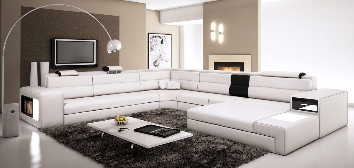 Divani Casa Polaris - Contemporary White Leather U Shaped Sectional Sofa with Lights