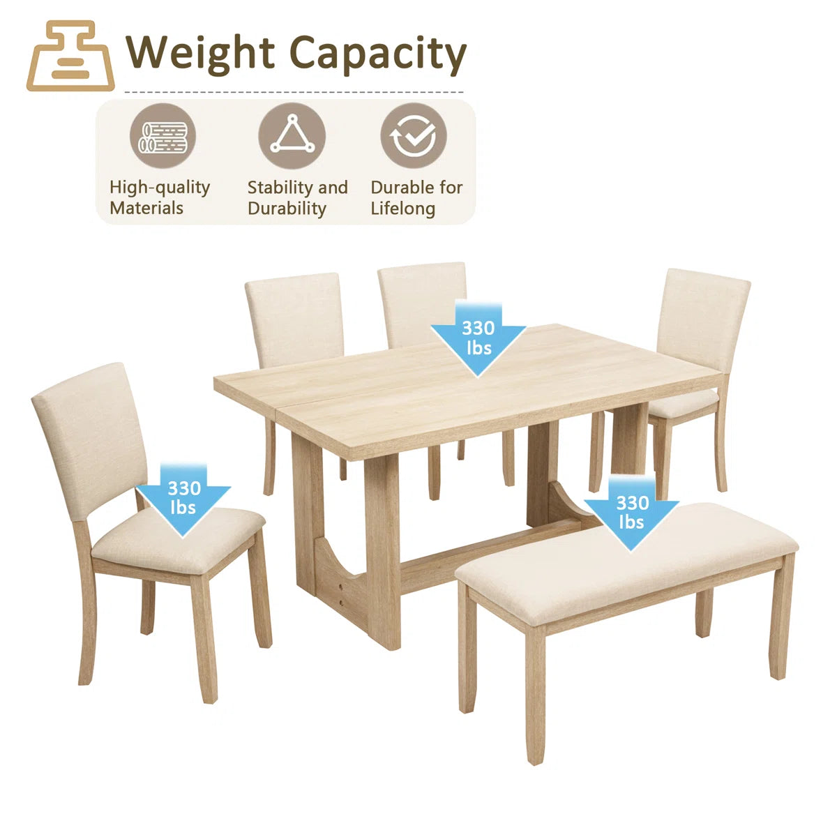 6-Piece Dining Table Set With Bench & 4 Upholstered Chairs For Dining Room (Set of 6)