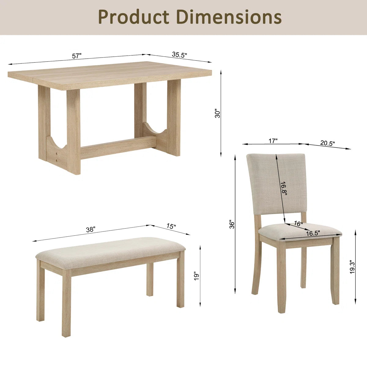 6-Piece Dining Table Set With Bench & 4 Upholstered Chairs For Dining Room (Set of 6)
