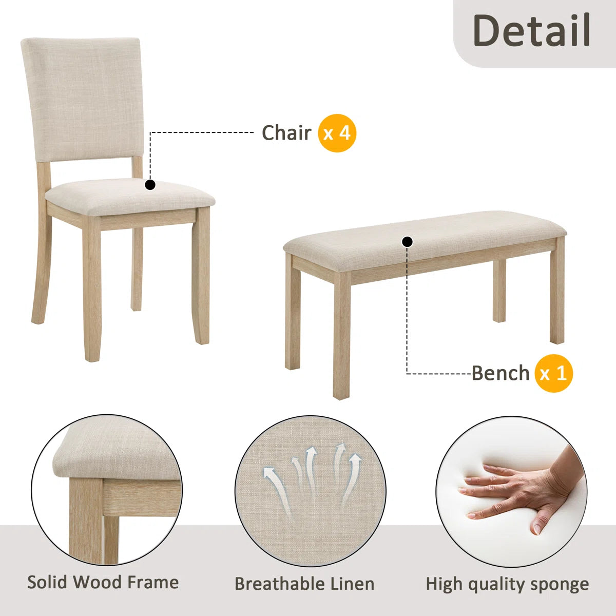 6-Piece Dining Table Set With Bench & 4 Upholstered Chairs For Dining Room (Set of 6)