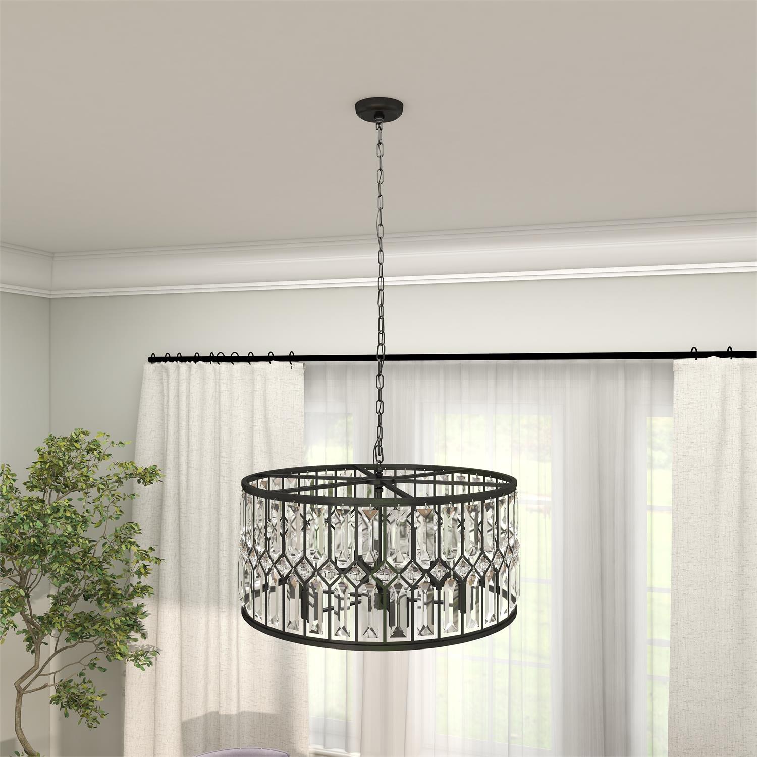 Black Metal Crystal Embellished 6 Light Chandelier with Link Chain