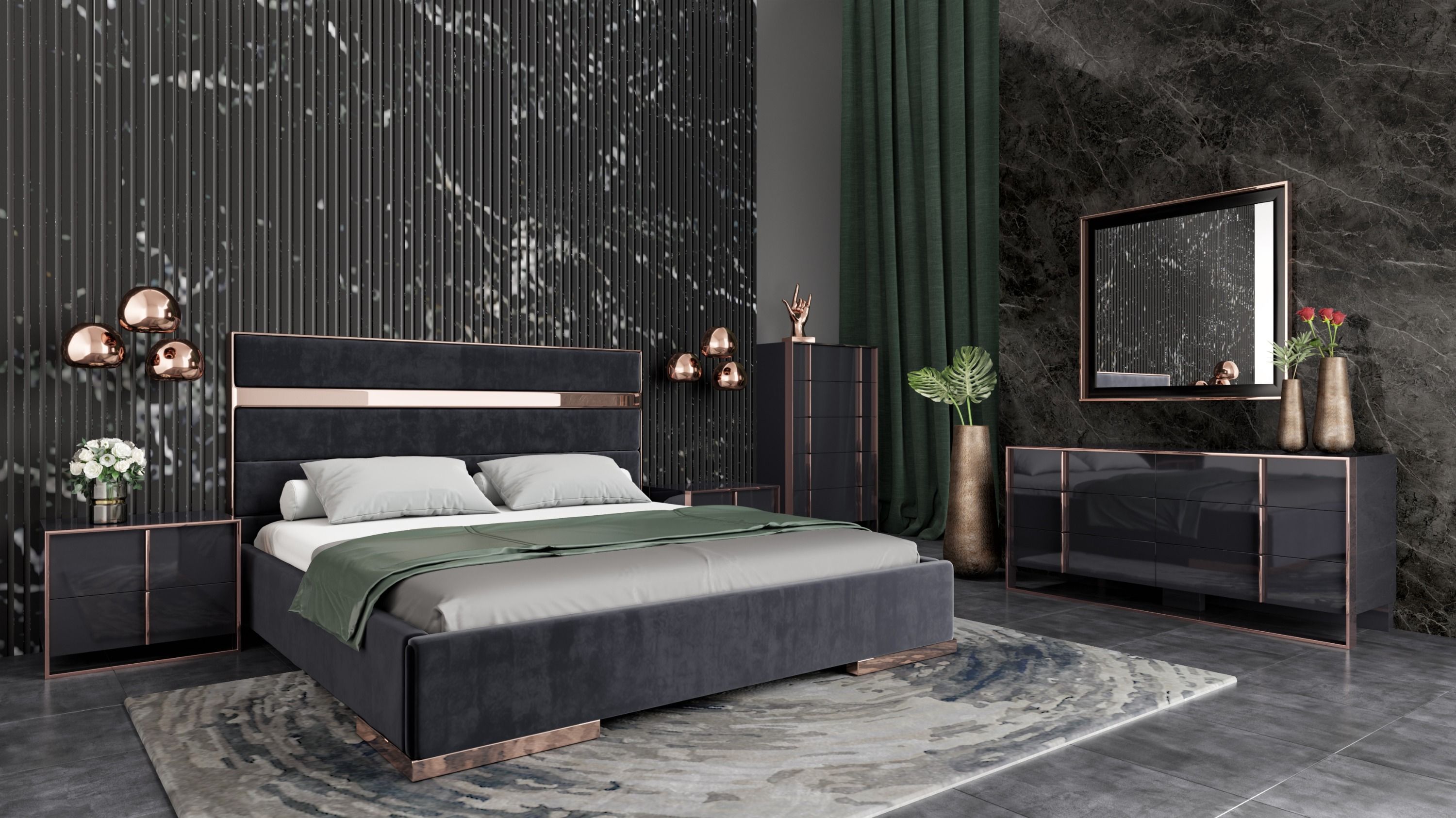 Cartier Modern Black & Rosegold Bedroom Set