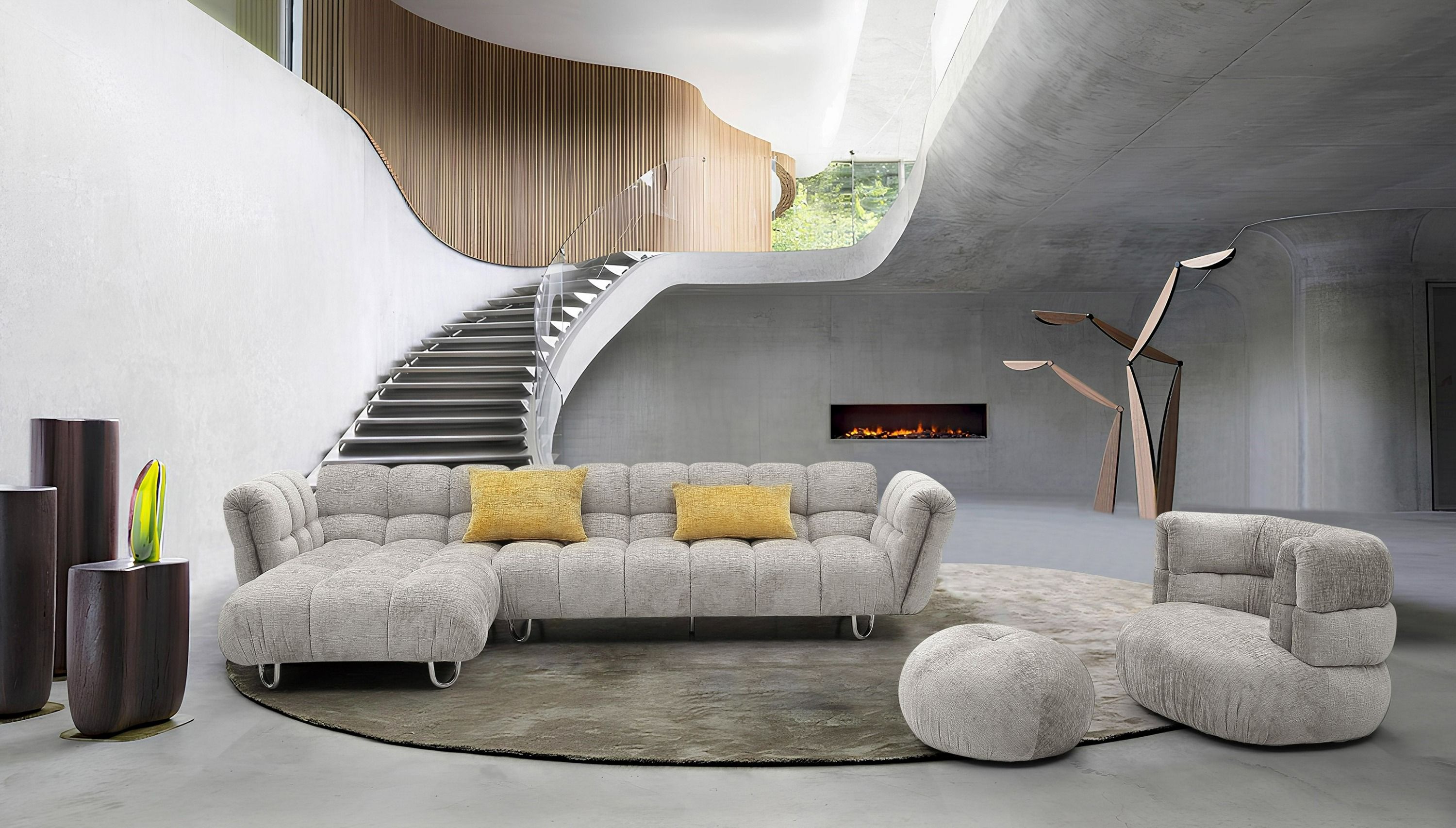 Divani Casa Jacinda - Modern Grey Fabric Left Facing Sectional Sofa with 2 Yellow Pillows