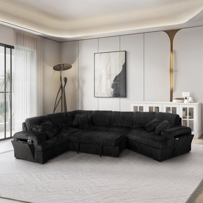 RHF Fabric Half U-Shaped Pull Out Sectional Sofa w/ Storage Armrest w/ USB
