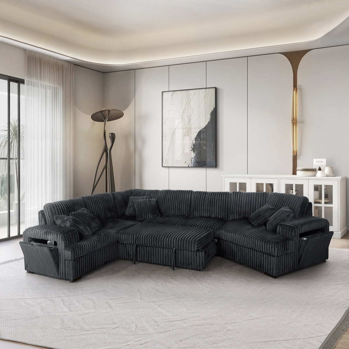 RHF Fabric Half U-Shaped Pull Out Sectional Sofa w/ Storage Armrest w/ USB