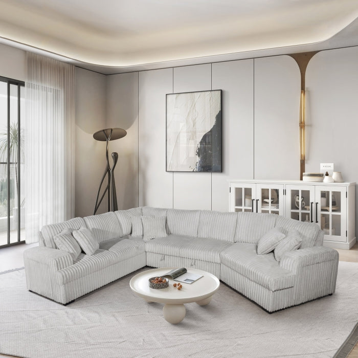 LIGHT SILVER RHF Fabric Half U-Shaped Pull Out Sectional Sofa w/ Storage Armrest w/ USB + Pillows