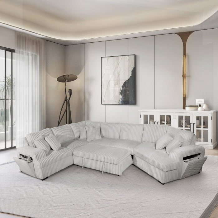 LIGHT SILVER RHF Fabric Half U-Shaped Pull Out Sectional Sofa w/ Storage Armrest w/ USB + Pillows