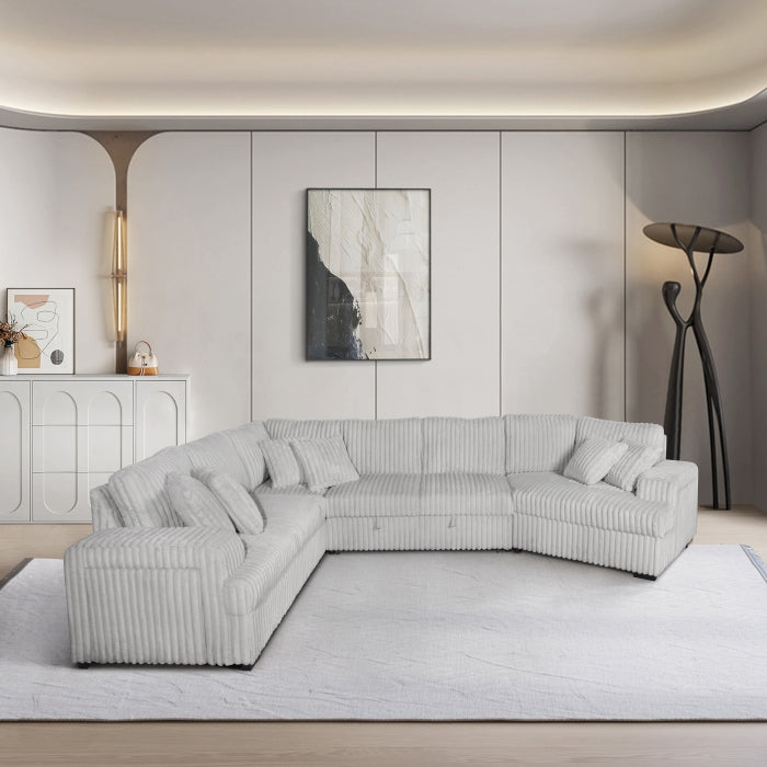 LIGHT SILVER RHF Fabric Half U-Shaped Pull Out Sectional Sofa w/ Storage Armrest w/ USB + Pillows