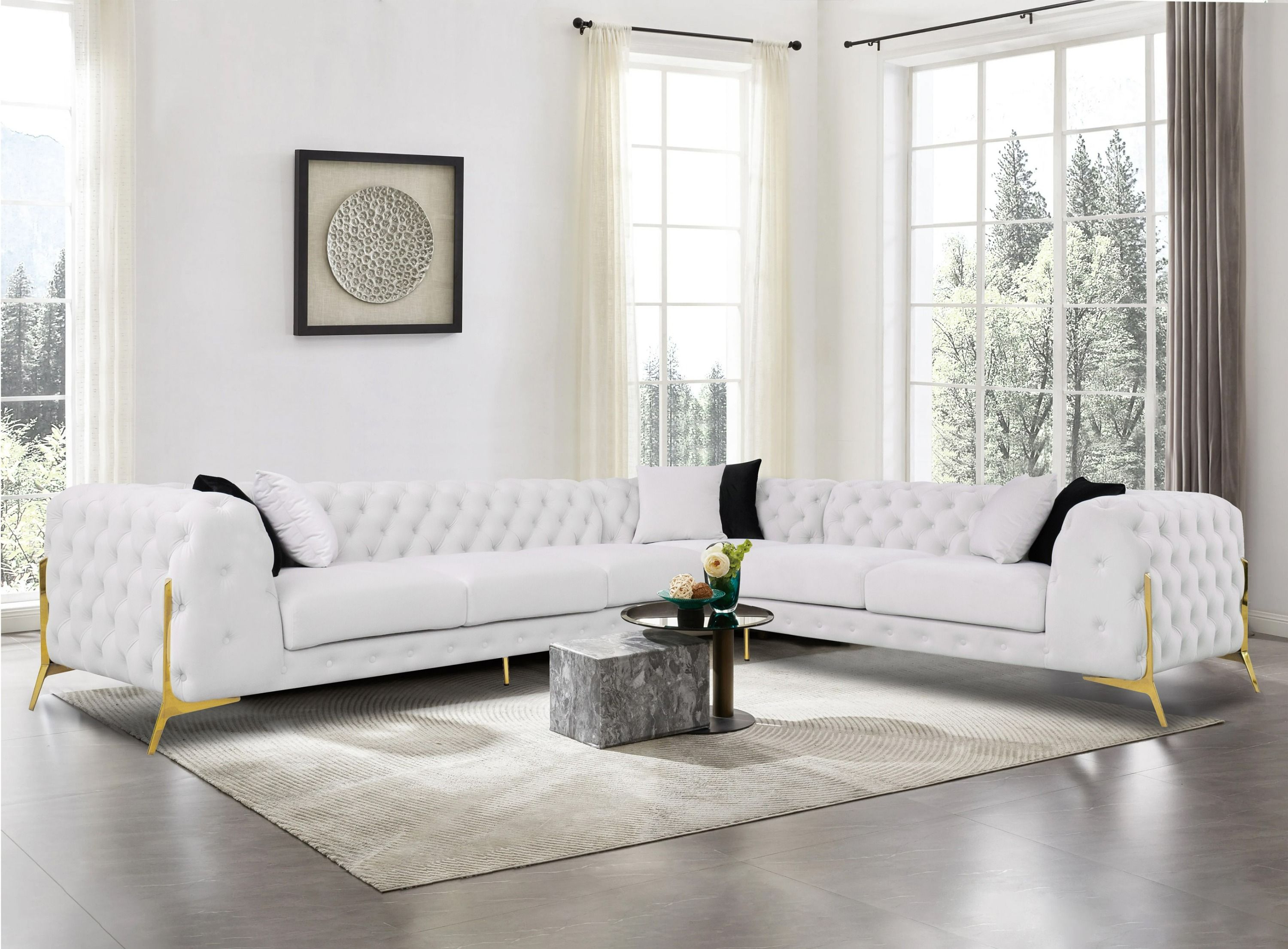 Divani Casa Clarice - Transitional Light Beige Velvet Sectional Sofa