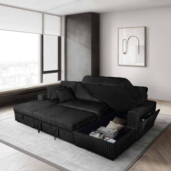 Corduroy U-Shaped Pull Out Sectional Sofa w/ Storage Chaises w/ USB + Pillows