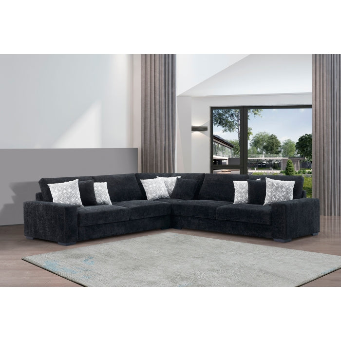 BLACK Fabric Stationary Sectional Sofa w/ 9 Pillows