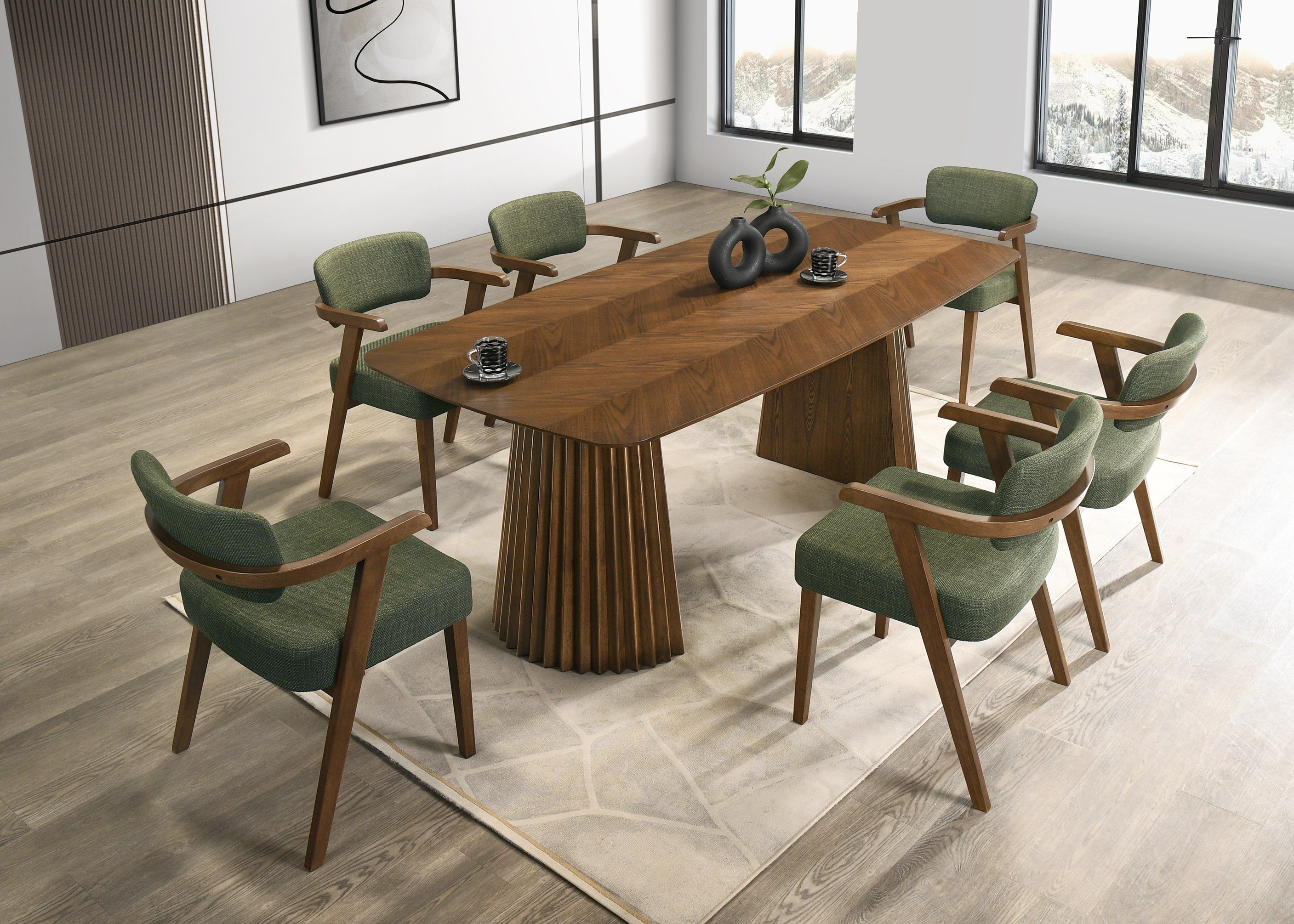 Sacks - Mid-Century Modern Green Fabric + Herringbone Walnut Dining Set