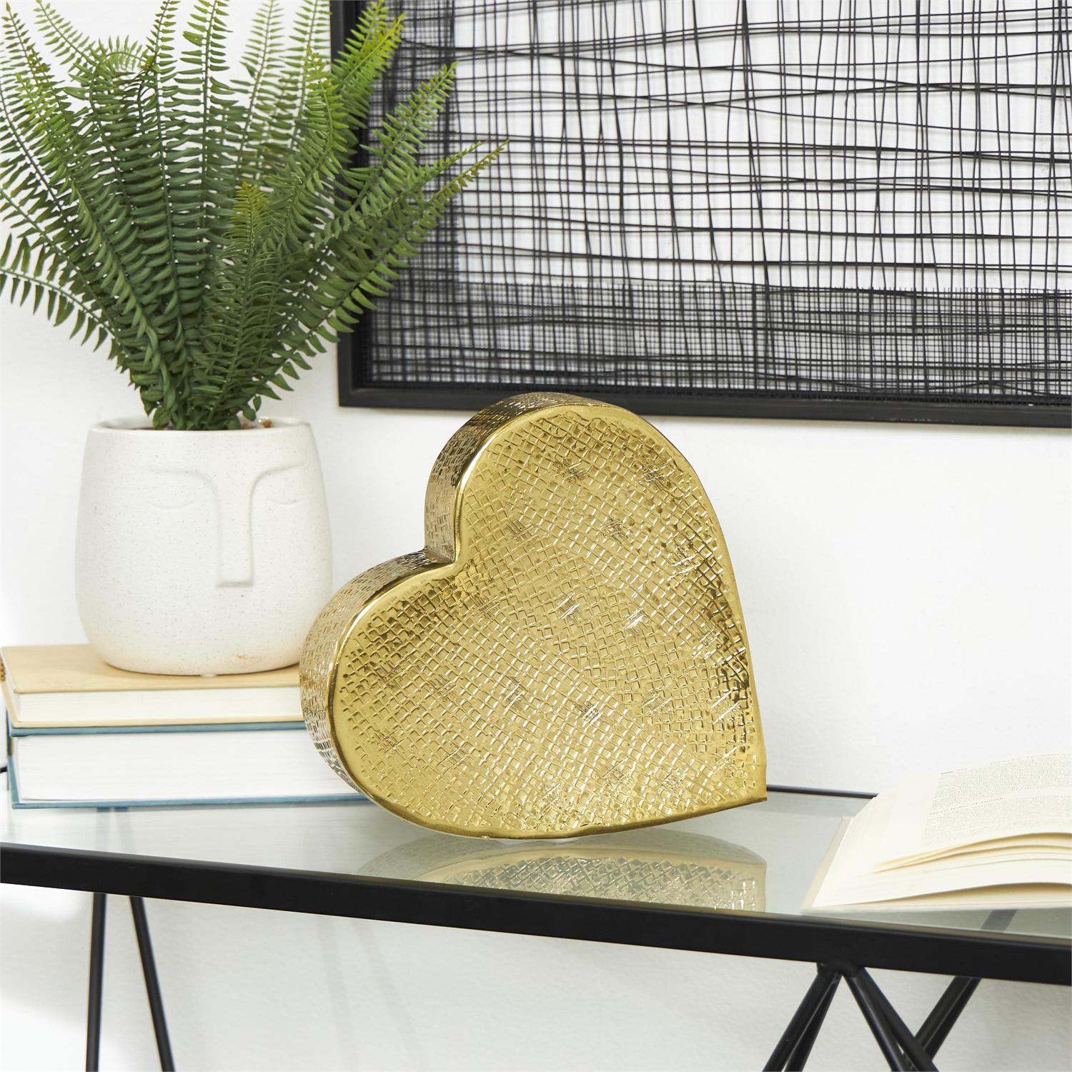 Gold Aluminum Metal Heart Slanted Decorative Sculpture with Cube Textured Exterior, 9" x 3" x 9"