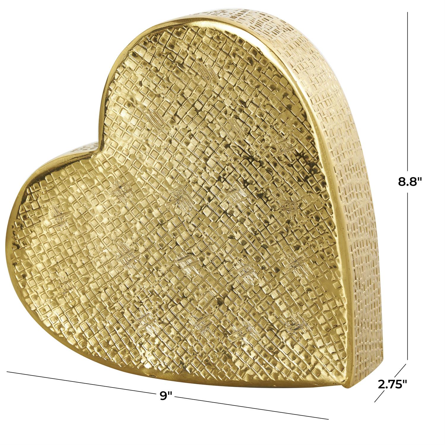 Gold Aluminum Metal Heart Slanted Decorative Sculpture with Cube Textured Exterior, 9" x 3" x 9"