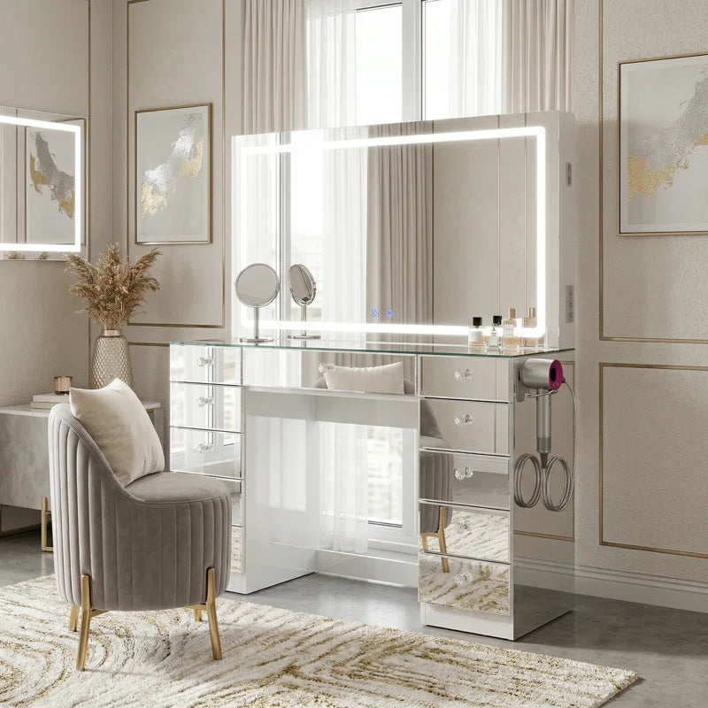 Boahaus Amelia Vanity Desk with LED Mirror – 11 Drawer Makeup Vanity Table Designed as a Complete Dressing Station with Integrated Power and Speakers