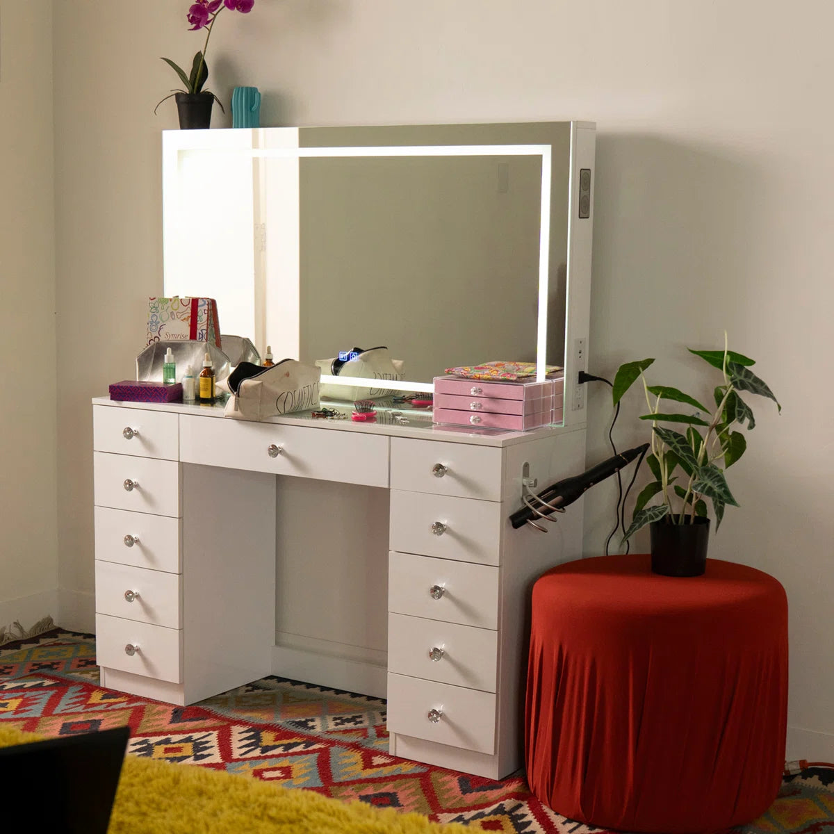 Boahaus Amelia Vanity Desk with LED Mirror – 11 Drawer Makeup Vanity Table Designed as a Complete Dressing Station with Integrated Power and Speakers