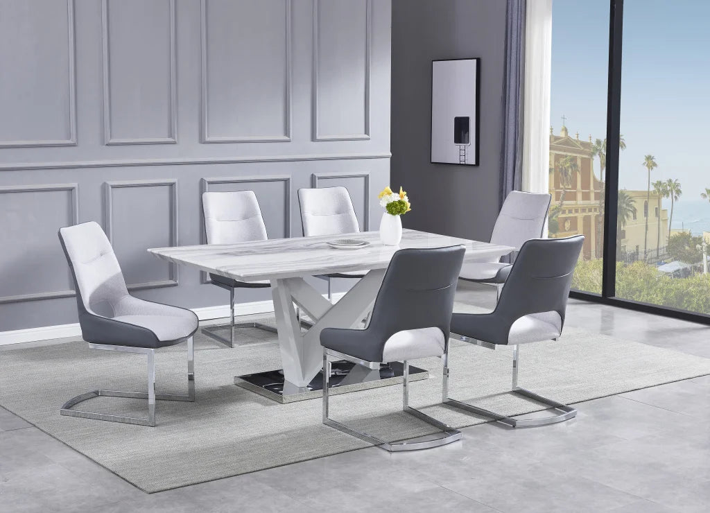 Classic 7pc Dining Set, Table with Faux Marble & Stainless Steel X-Base and White/Grey Fabric/Faux Leather Chrome Base Chairs