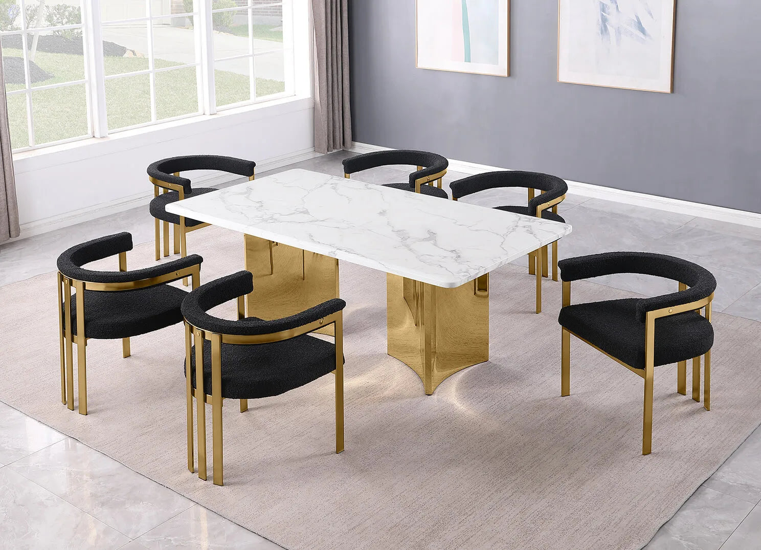 7pc White Marble Dining Set